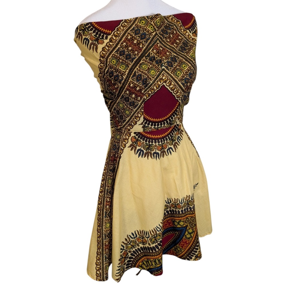 Handmade African Dashiki Print Infinity Wrap Dress Yellow Burgundy Multi-Way